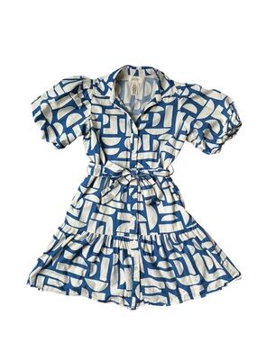 Jessica Simpson Blue and White Belted Puffy Sleeve Dress size small